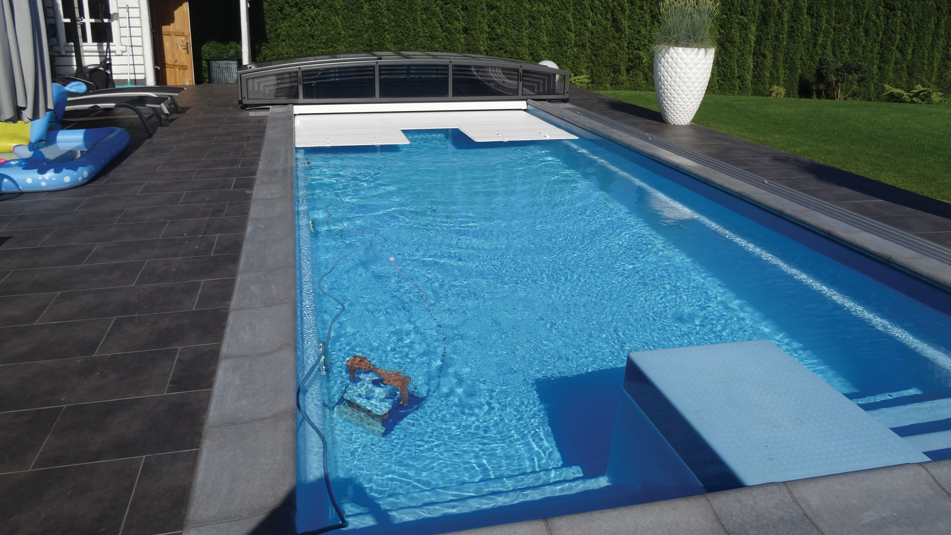 saturn long polyester reinforced fibreglass patio pool with safety cover