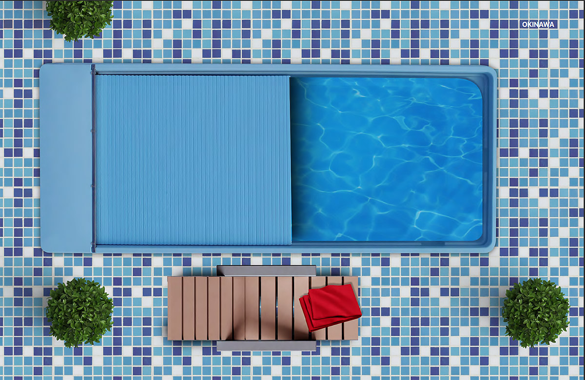 okinawa fibreglass pool with slatted safety cover