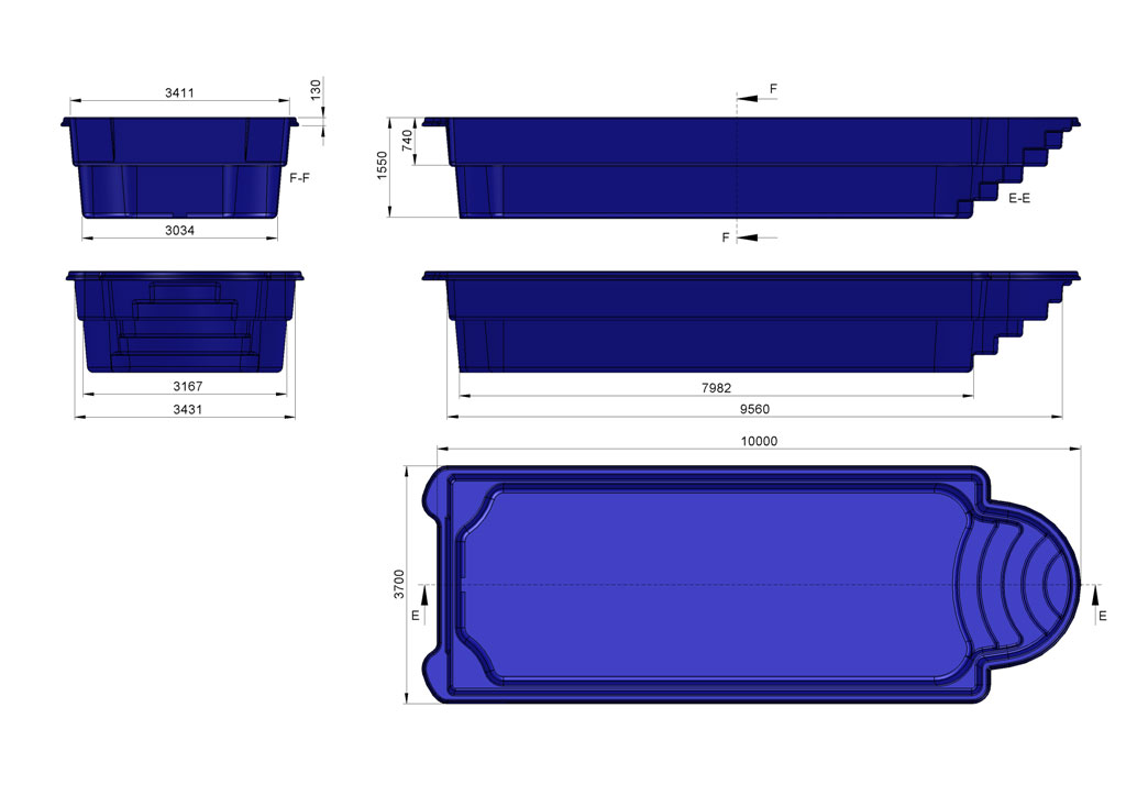 Traditional shape 10m x 3.7 x 1.55m Swimming Pool with roman end entry steps