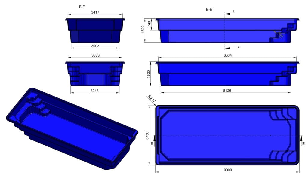 King style 9m x 3.75m x 1.5m Rectangle Swimming Pool with metallic finish