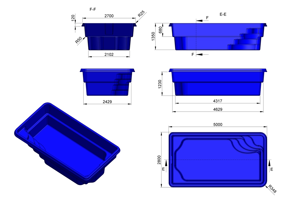 Barbados Rectangle Swimming Pool Corner entry steps 5m x 2.8m x 1.35m Metallic Blue finish
