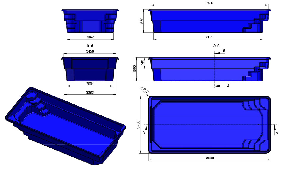 borneo 8m x 3,75m x 1,50m fibreglass pool shell diagram