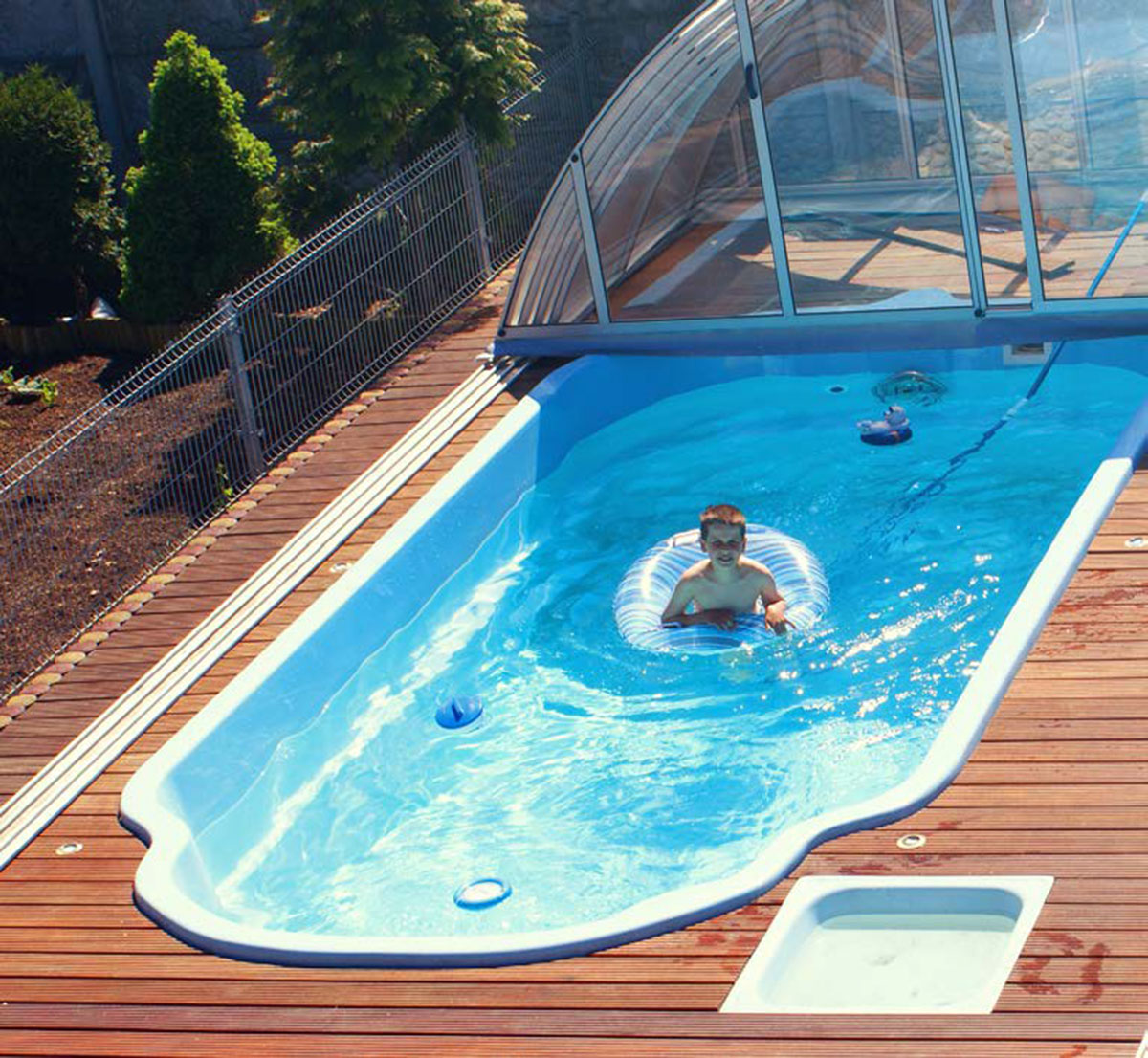 Korfu II plain finish fibreglass swimming pool with retractable enclosure korfu ii plain finish fibreglass swimming pool with retractable enclosure